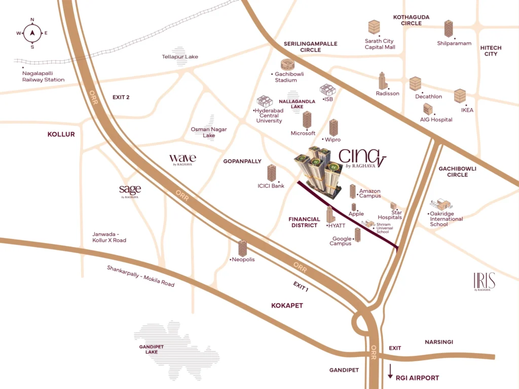 Location map showing the Financial District, Hyderabad for the CINQ luxury residential project.